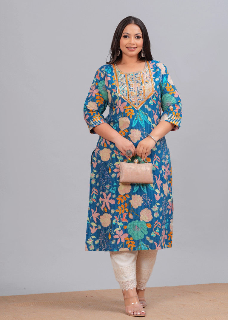 Floral Printed Blue Kurti Set