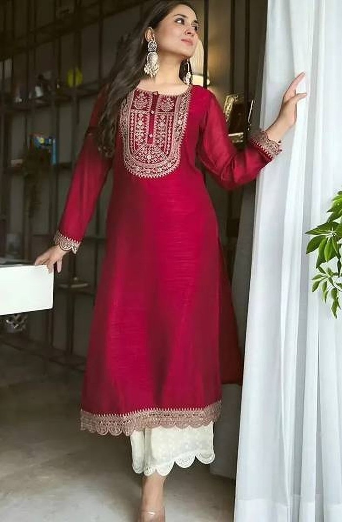 Embroidered Maroon Kurti Set