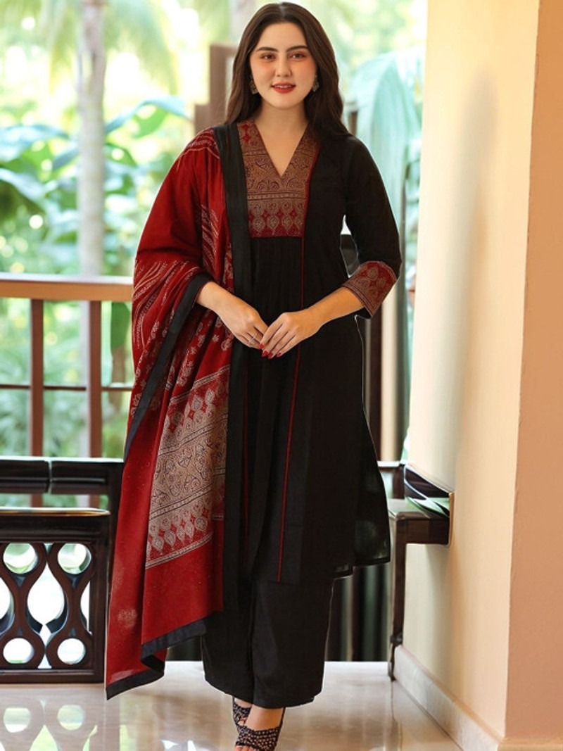 Elegant Black & Maroon Cotton Suit Set