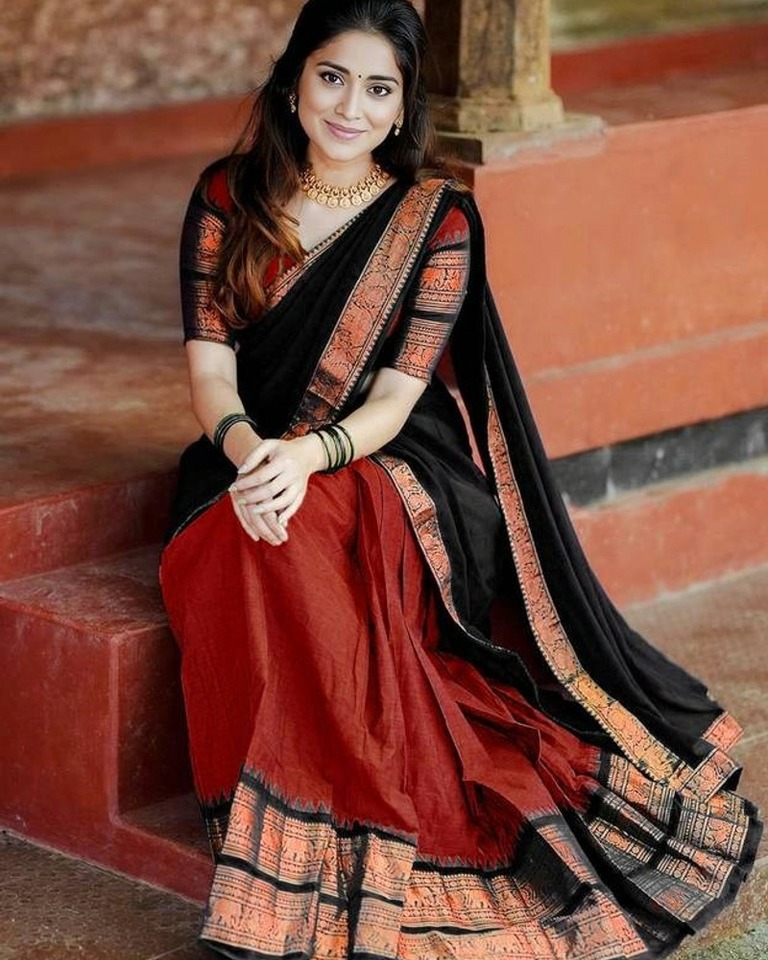 Elegant Black & Maroon Cotton Saree
