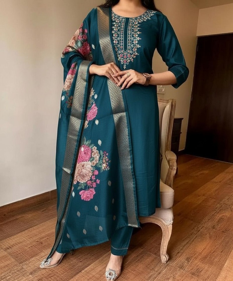 Teal Floral Embroidered Kurta Set