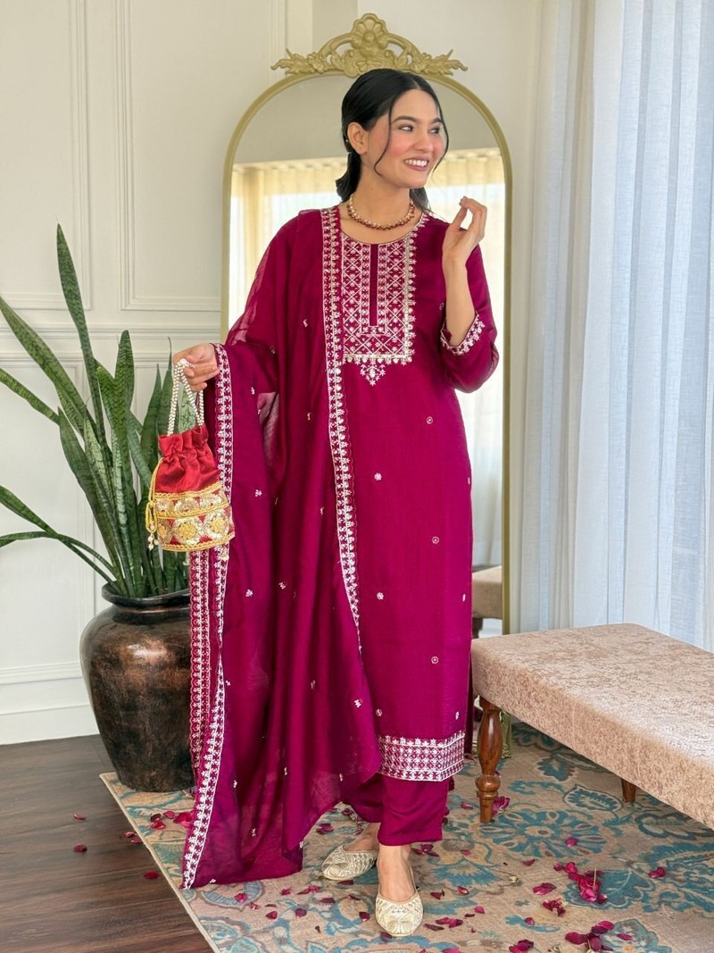 Embroidered Maroon Suit Set