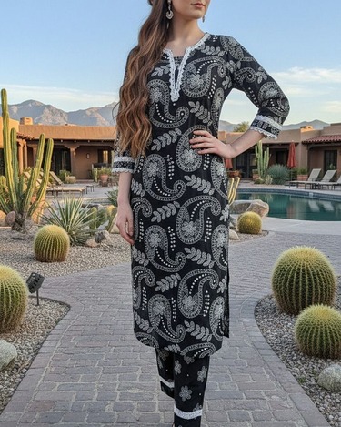 Black Paisley Print Kurta Set