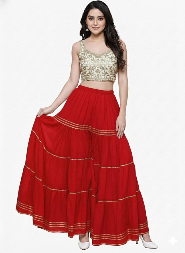 Red Flared Palazzo with Embellished Crop Top