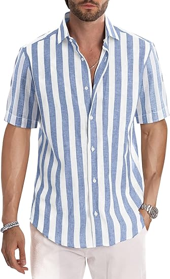 JMIERR Men's Casual Stylish Short Sleeve Button-Up Striped Dress Shirt Cotton Beach Shirts