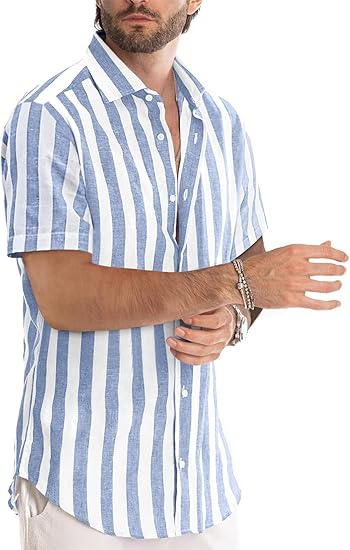 JMIERR Men's Casual Stylish Short Sleeve Button-Up Striped Dress Shirt Cotton Beach Shirts