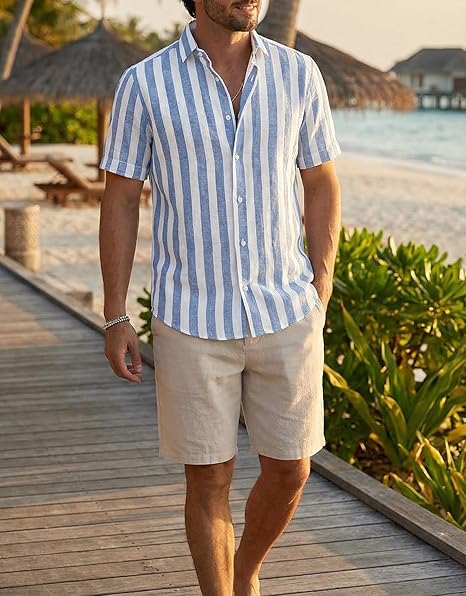 JMIERR Men's Casual Stylish Short Sleeve Button-Up Striped Dress Shirt Cotton Beach Shirts