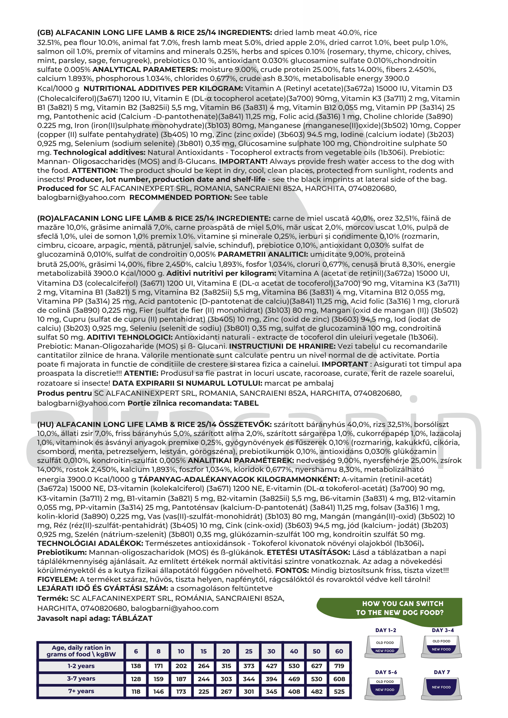 Alfacanin Long Life | Hrană pentru câini Miel & Orez | Bárány & Rizs kutyatáp