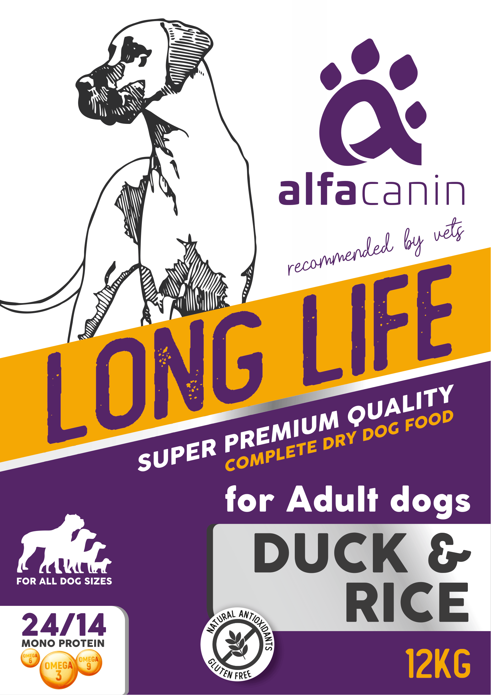 Alfacanin Long Life | Hrană pentru câini  Rață & Orez | Kacsa & Rizs kutyatáp | 12kg