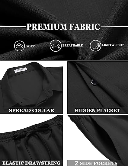 COOFANDY Men's Summer Beach Outfits 2 Piece Short Sleeve Shirts and Shorts Vacation Texture Linen Sets for Men