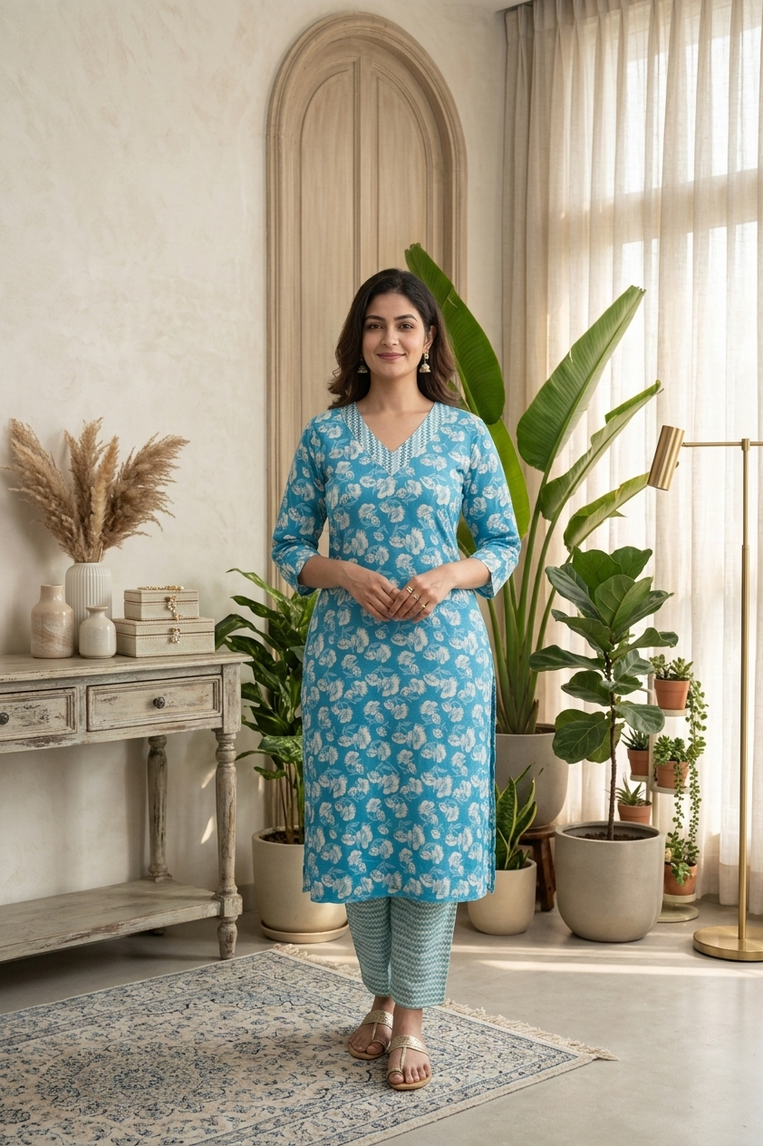 Blue Printed Cotton Kurta Set