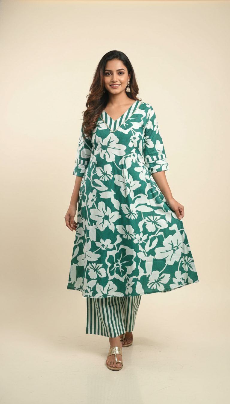 Green Floral Print Kurta Set