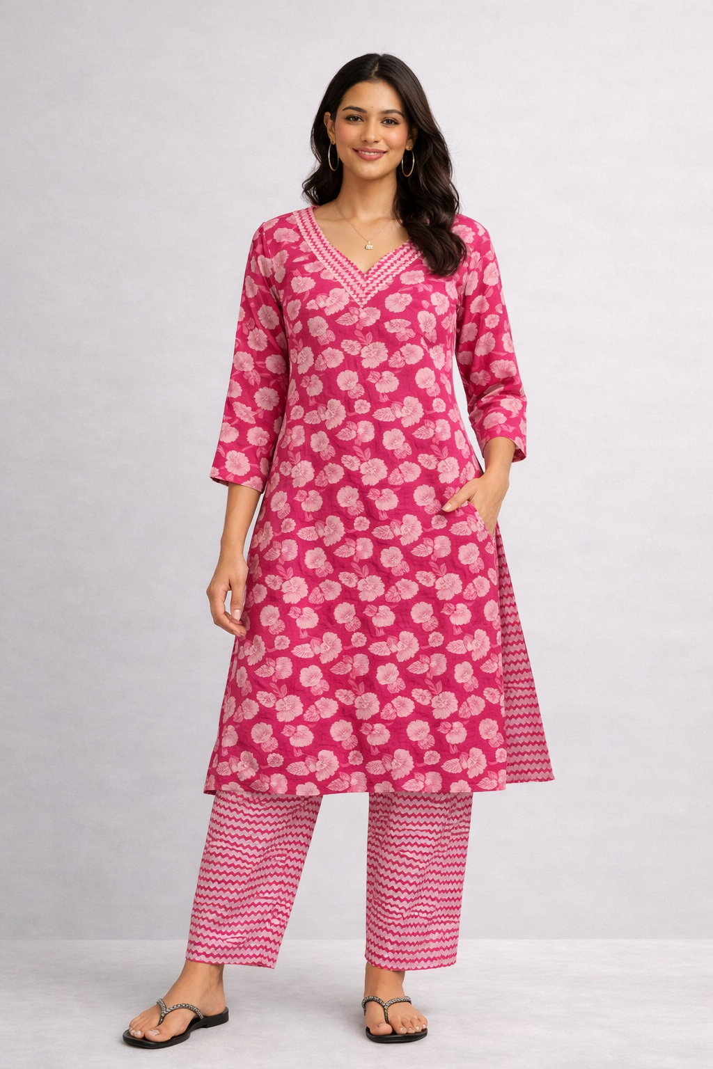 Pink Floral Printed Kurta Set