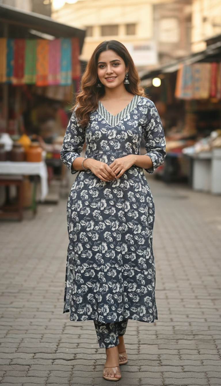 Floral Printed Cotton Kurta Set