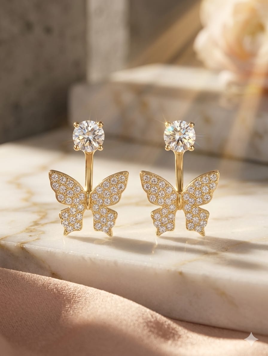 Golden Flutter Butterfly Earrings – 2 in 1 Convertible Stud & Drop