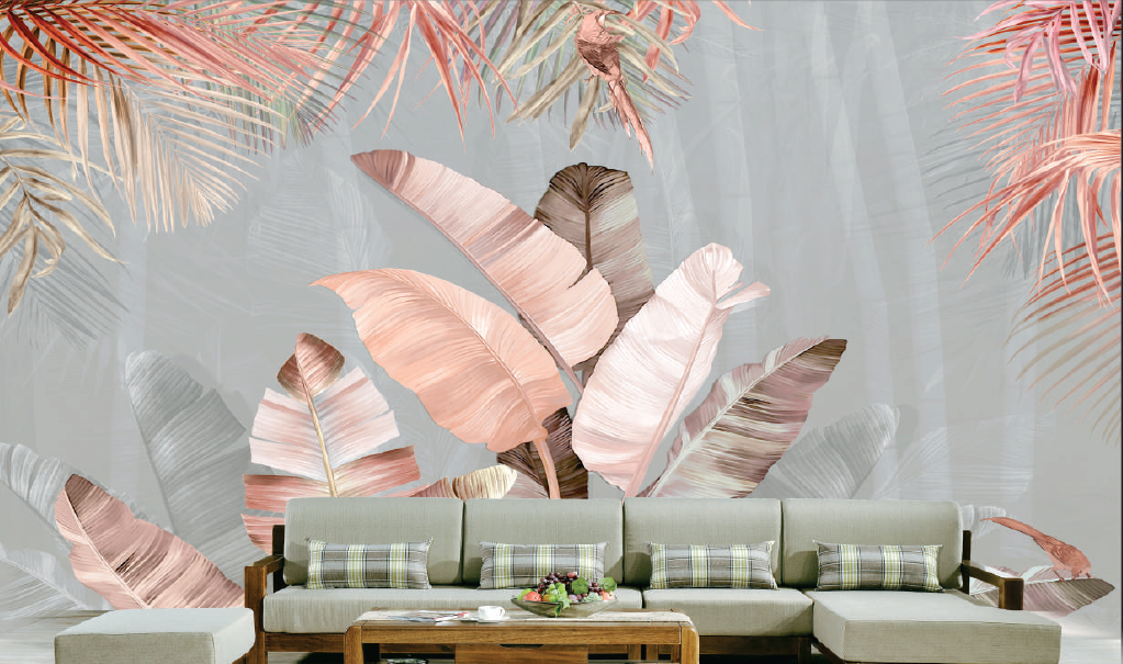 Blush & Slate Tropical Banana Leaf Mural (Custom 3D Design)