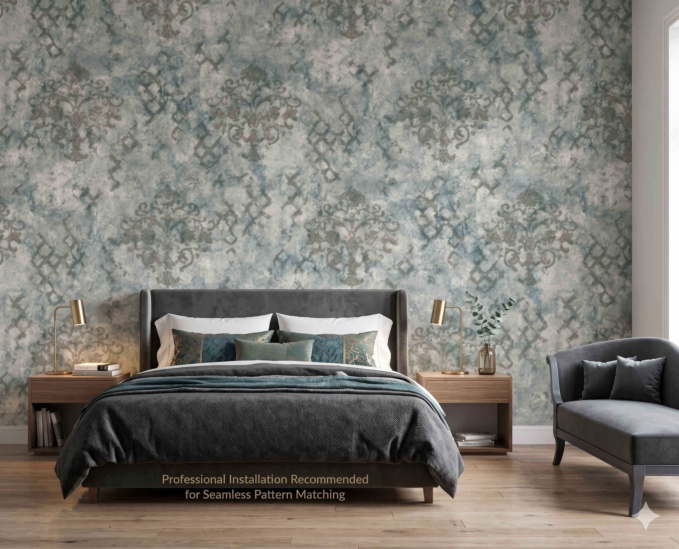 Luxurious Distressed Damask Non-Woven Wallpaper (Teal & Stone Gray)