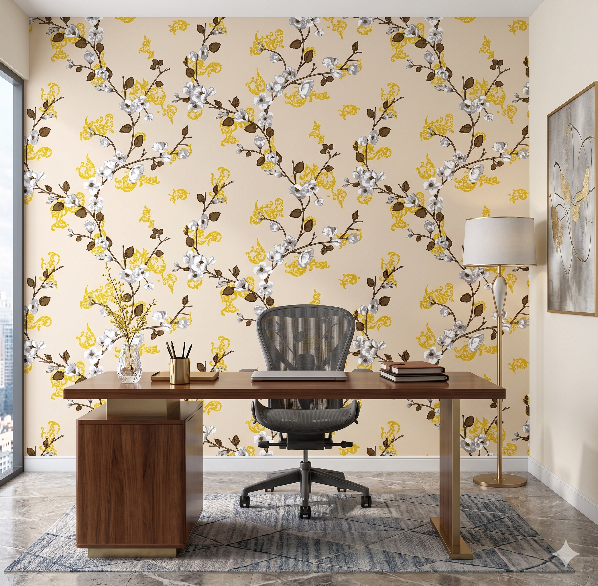 Elegant Cherry Blossom Mural – Cream & Gold Botanical Wallpaper (Non-Woven, Textured)