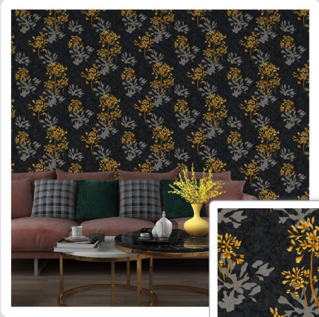 Premium Floral Damask Wallpaper – Elegant Charcoal & Gold Botanical Pattern (Non-Woven, Textured)