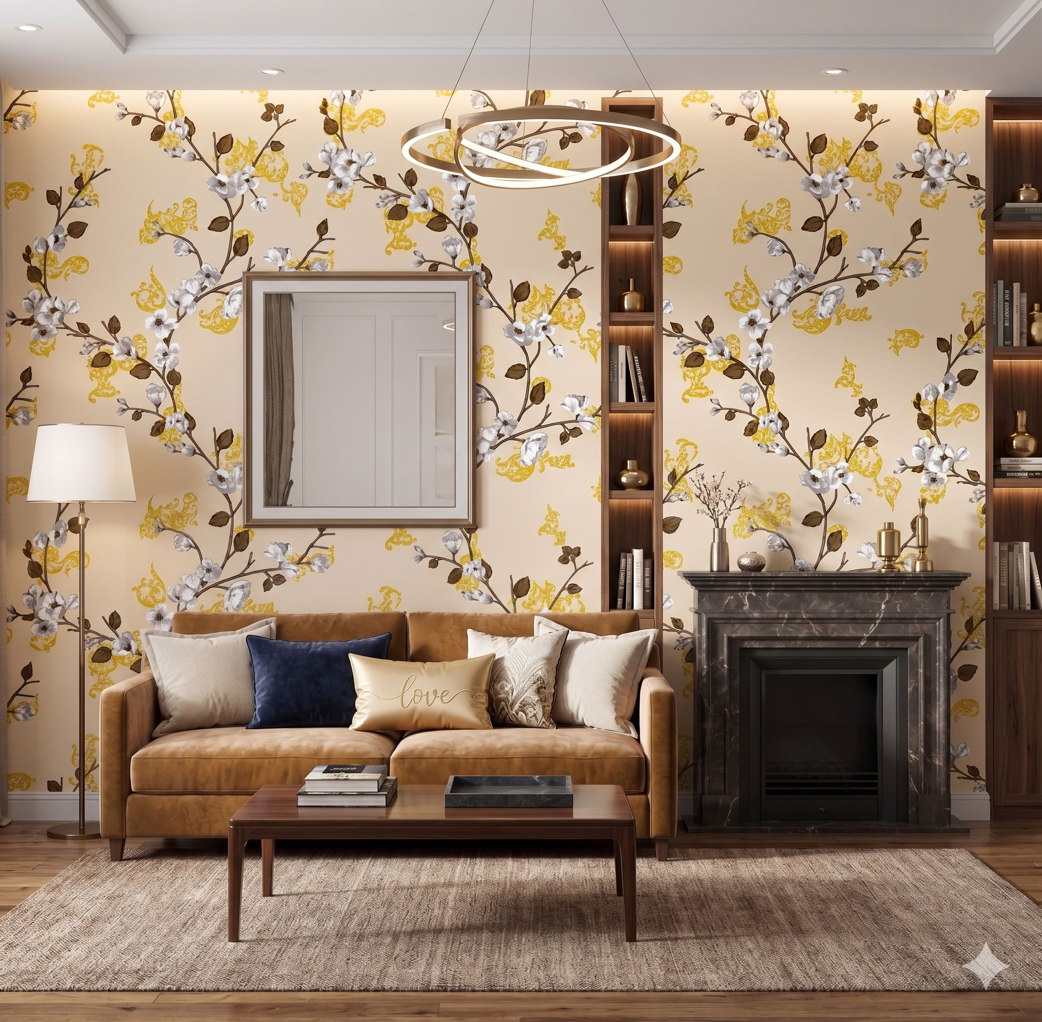 Elegant Cherry Blossom Mural – Cream & Gold Botanical Wallpaper (Non-Woven, Textured)