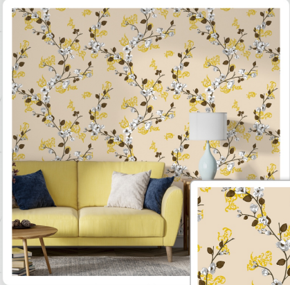 Elegant Cherry Blossom Mural – Cream & Gold Botanical Wallpaper (Non-Woven, Textured)