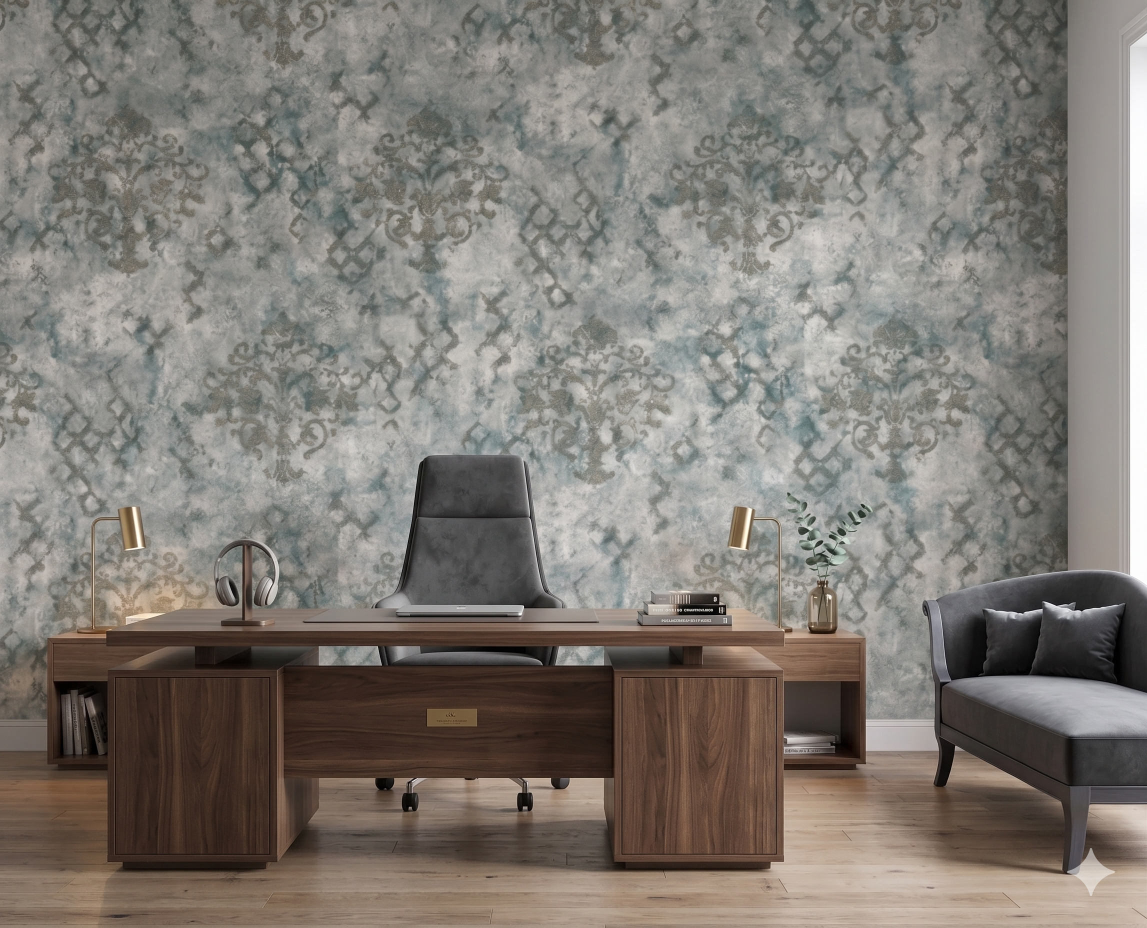Luxurious Distressed Damask Non-Woven Wallpaper (Teal & Stone Gray)