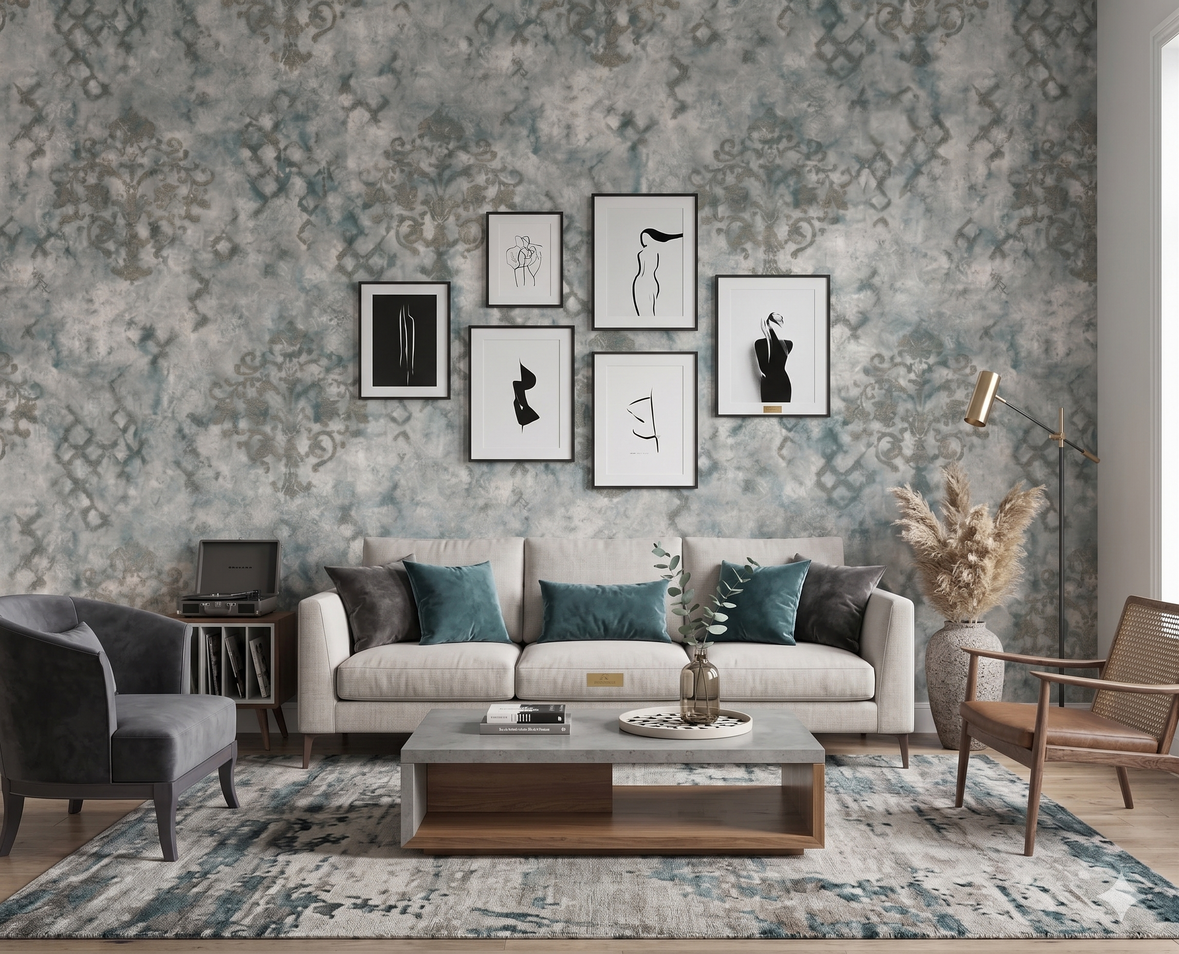 Luxurious Distressed Damask Non-Woven Wallpaper (Teal & Stone Gray)