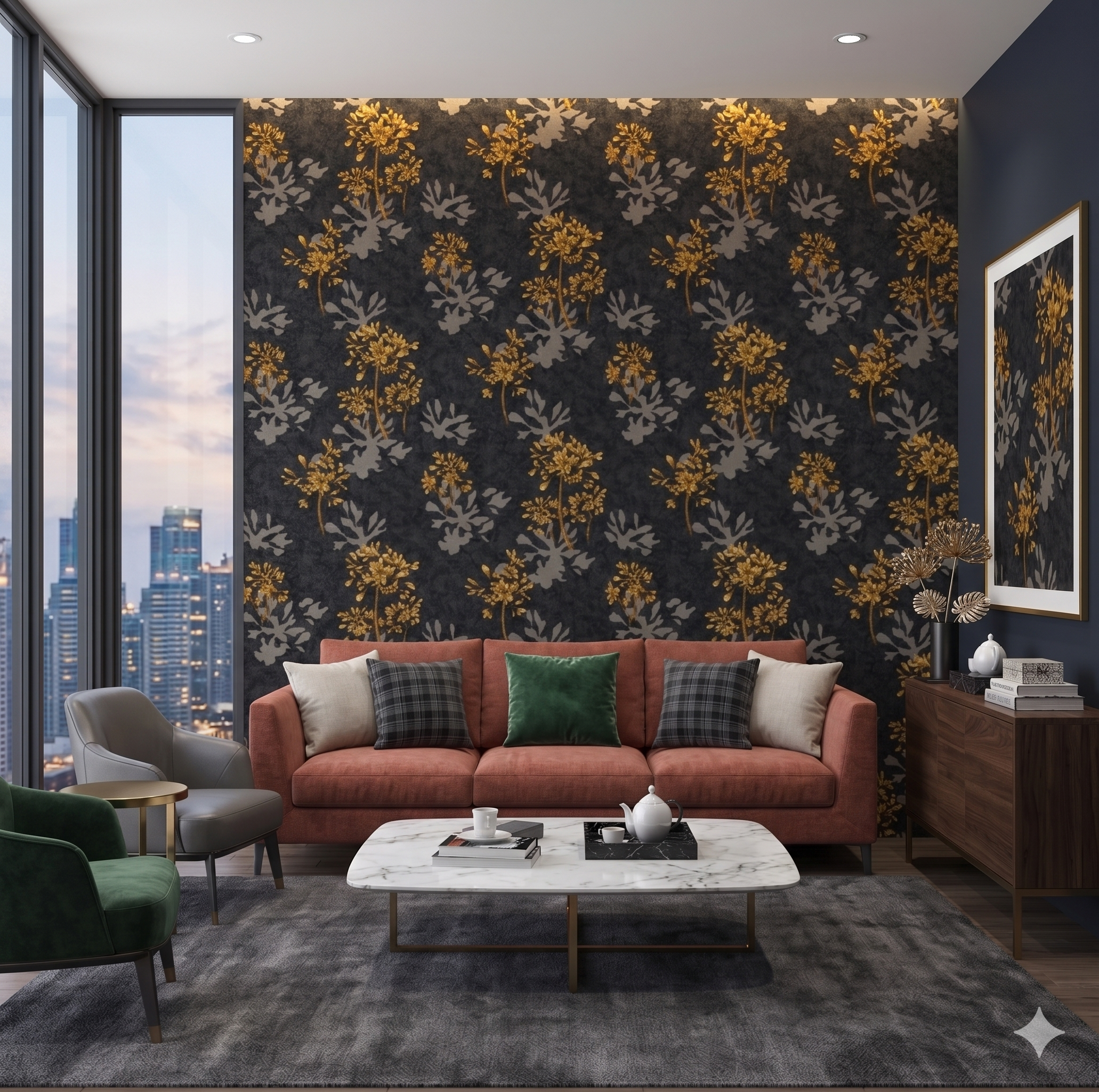 Premium Floral Damask Wallpaper – Elegant Charcoal & Gold Botanical Pattern (Non-Woven, Textured)