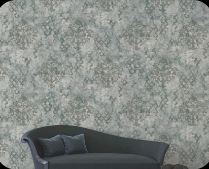 Luxurious Distressed Damask Non-Woven Wallpaper (Teal & Stone Gray)