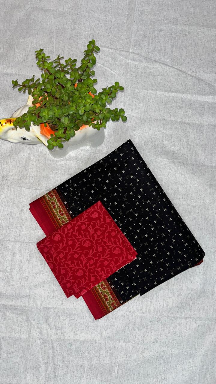 Black & Red Printed Cotton Saree