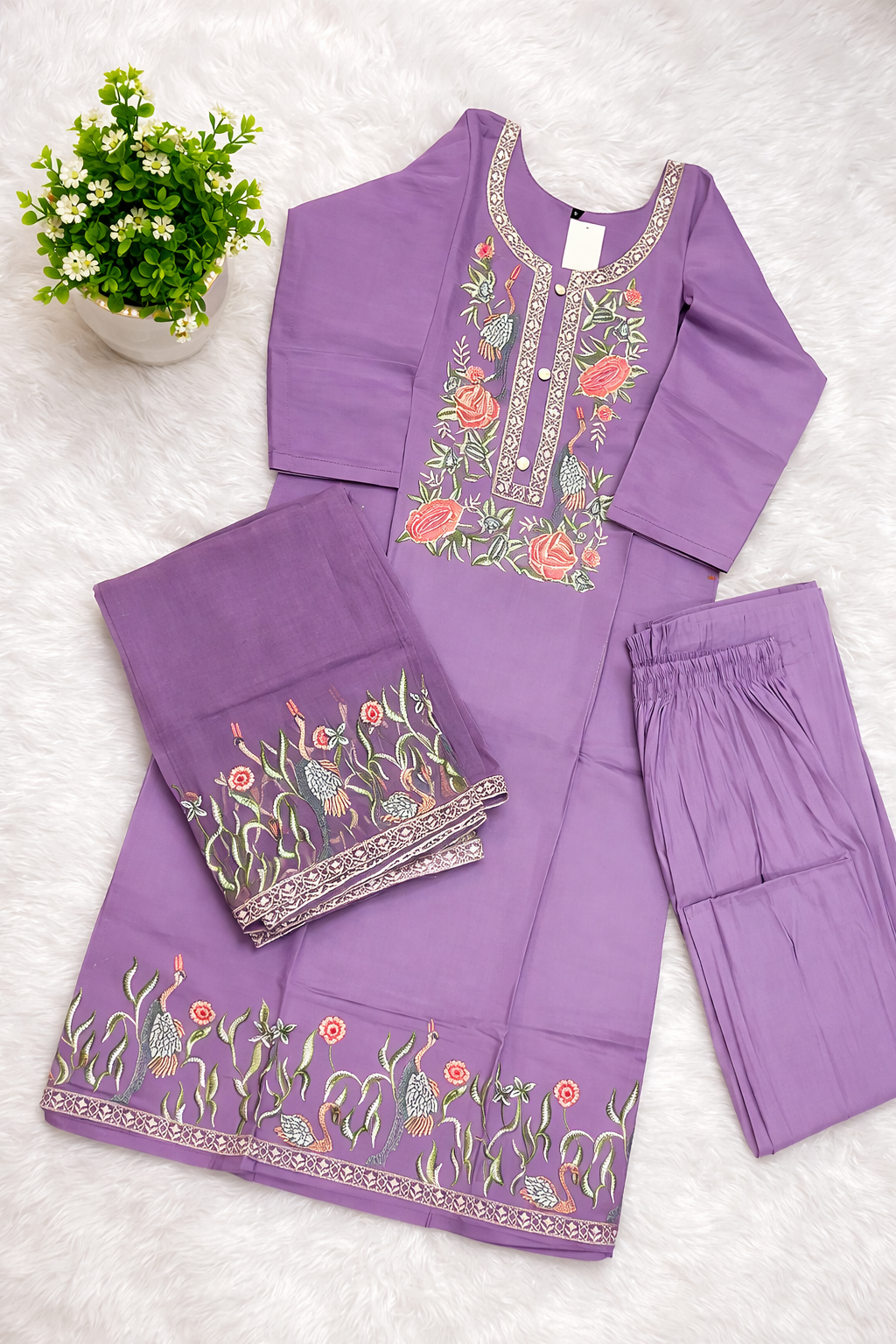 Lavender Floral Embroidered Kurta Set