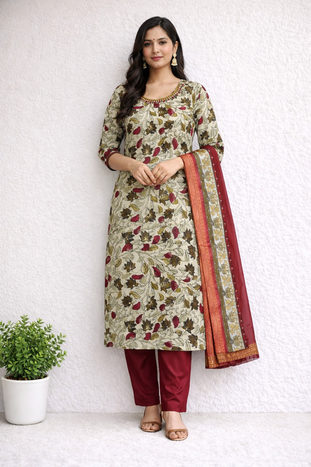Floral Printed with front neck aari work  Kurti Set