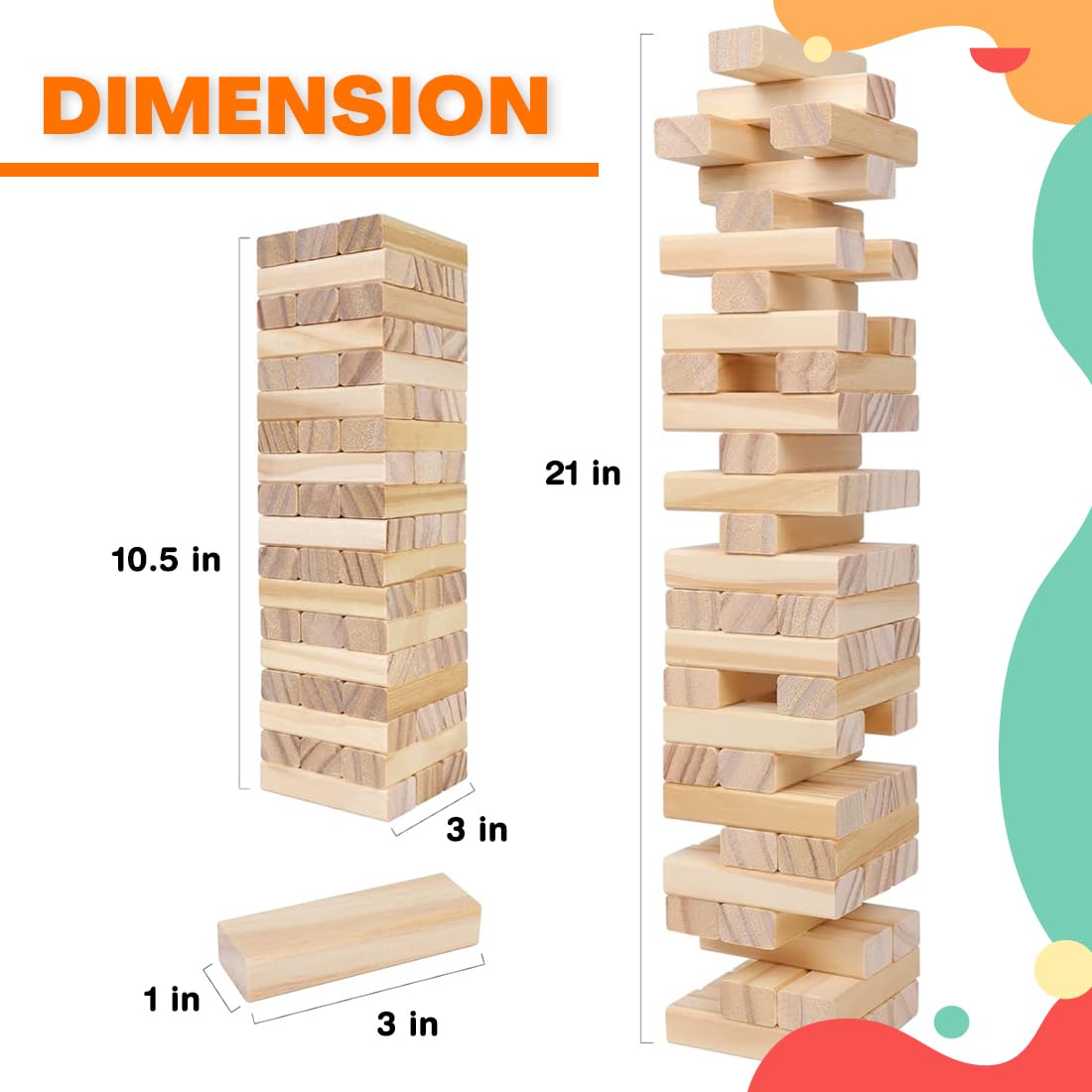 dmboo Wooden Blocks Stacking & Balancing Tower Games for Kids Adults Tumbling Tower Puzzle Game Wooden Toys Math Challenging Game Skill Development Birthday Gift for Kids - 54 Pcs
