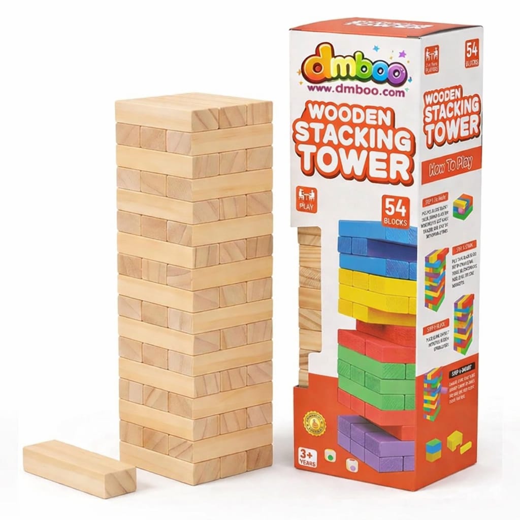 dmboo, Wooden Tumbling Tower Game 54 Pcs | Classic Block Stacking Game for Kids & Adults | Educational Indoor Party & Family Fun Game | Handcrafted Wooden Toy (Classic)