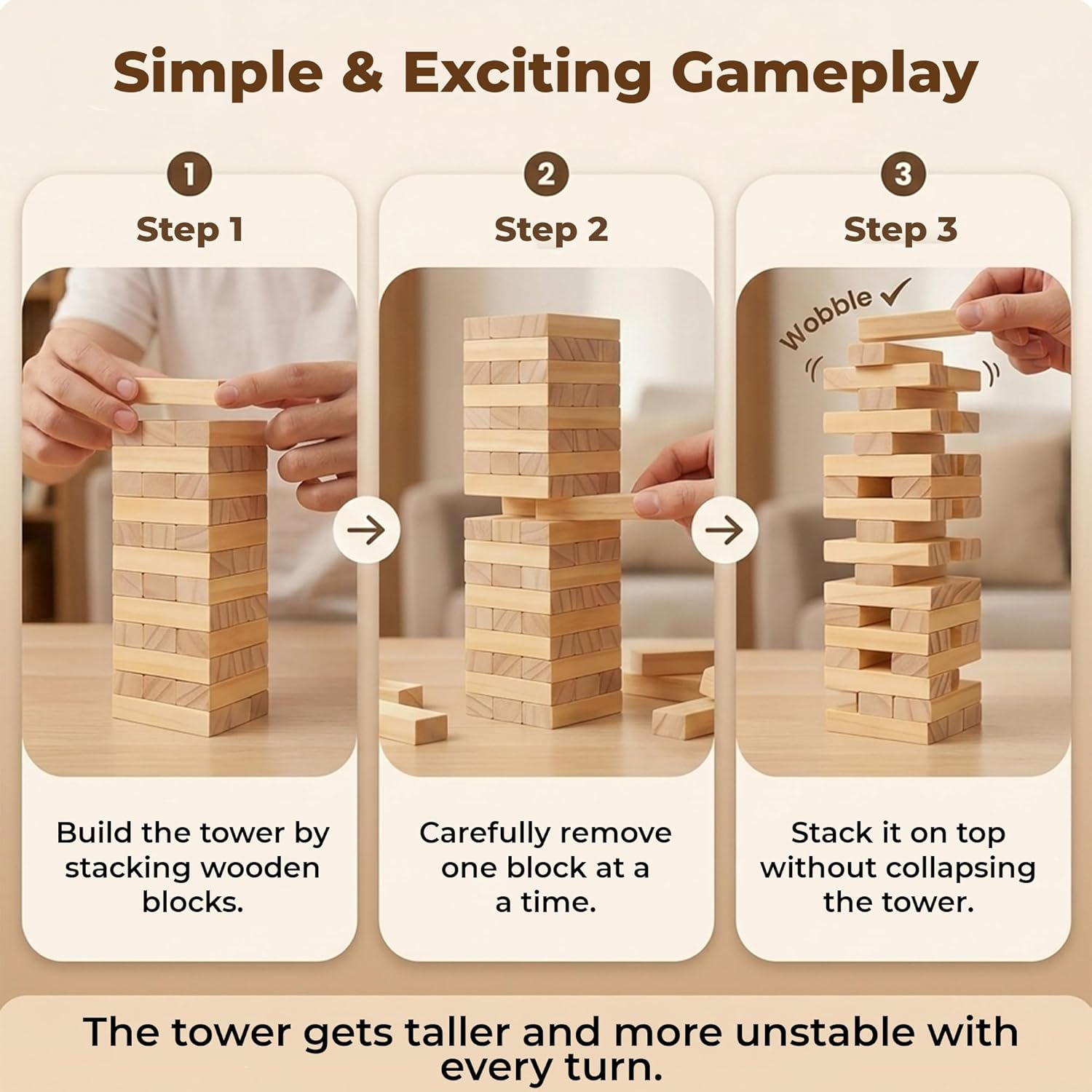 dmboo, Wooden Tumbling Tower Game 54 Pcs | Classic Block Stacking Game for Kids & Adults | Educational Indoor Party & Family Fun Game | Handcrafted Wooden Toy (Classic)