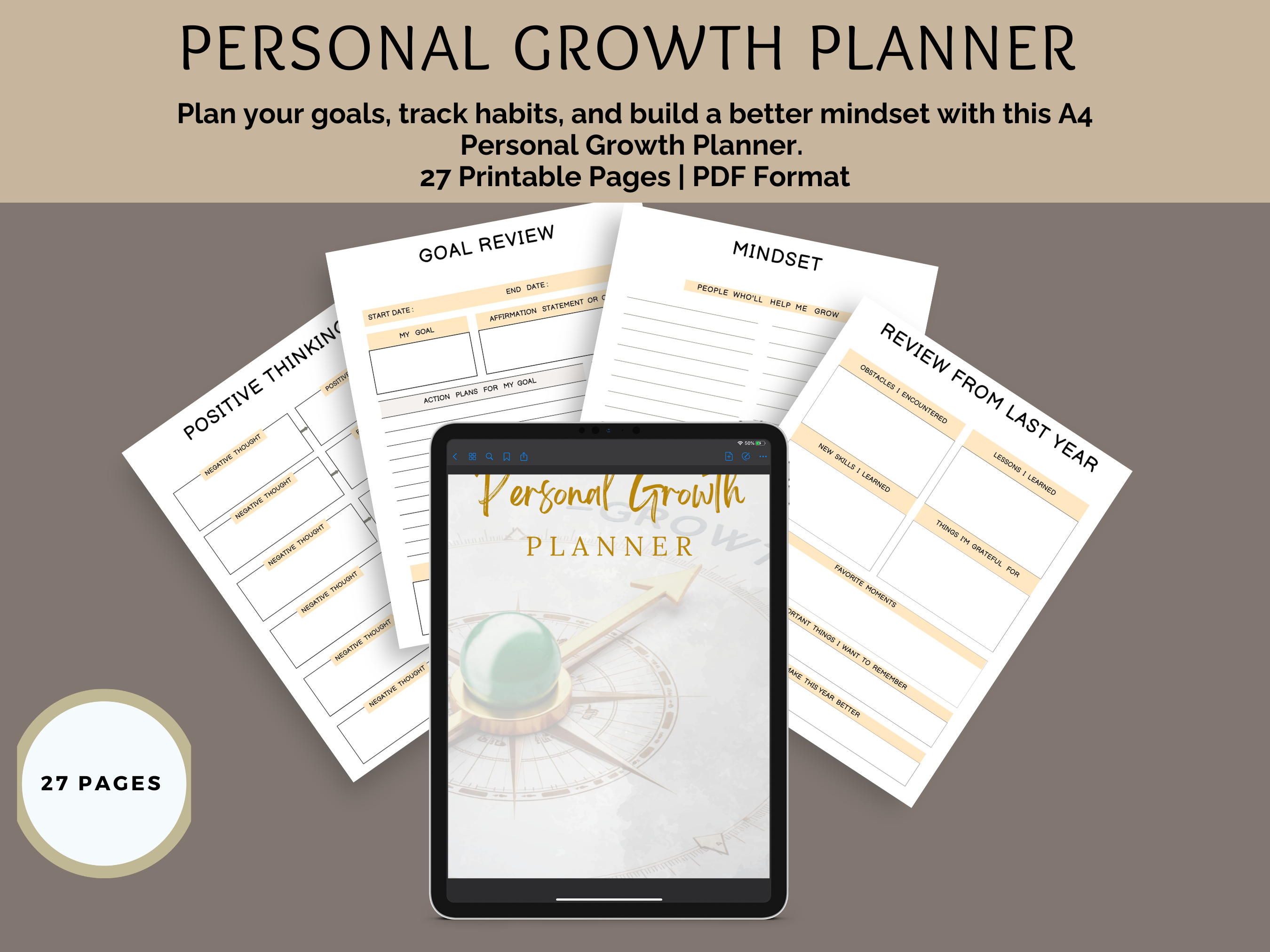 PERSONAL GROWTH PLANNER (A4 Printable PDF) — Goals, Habits & Mindset