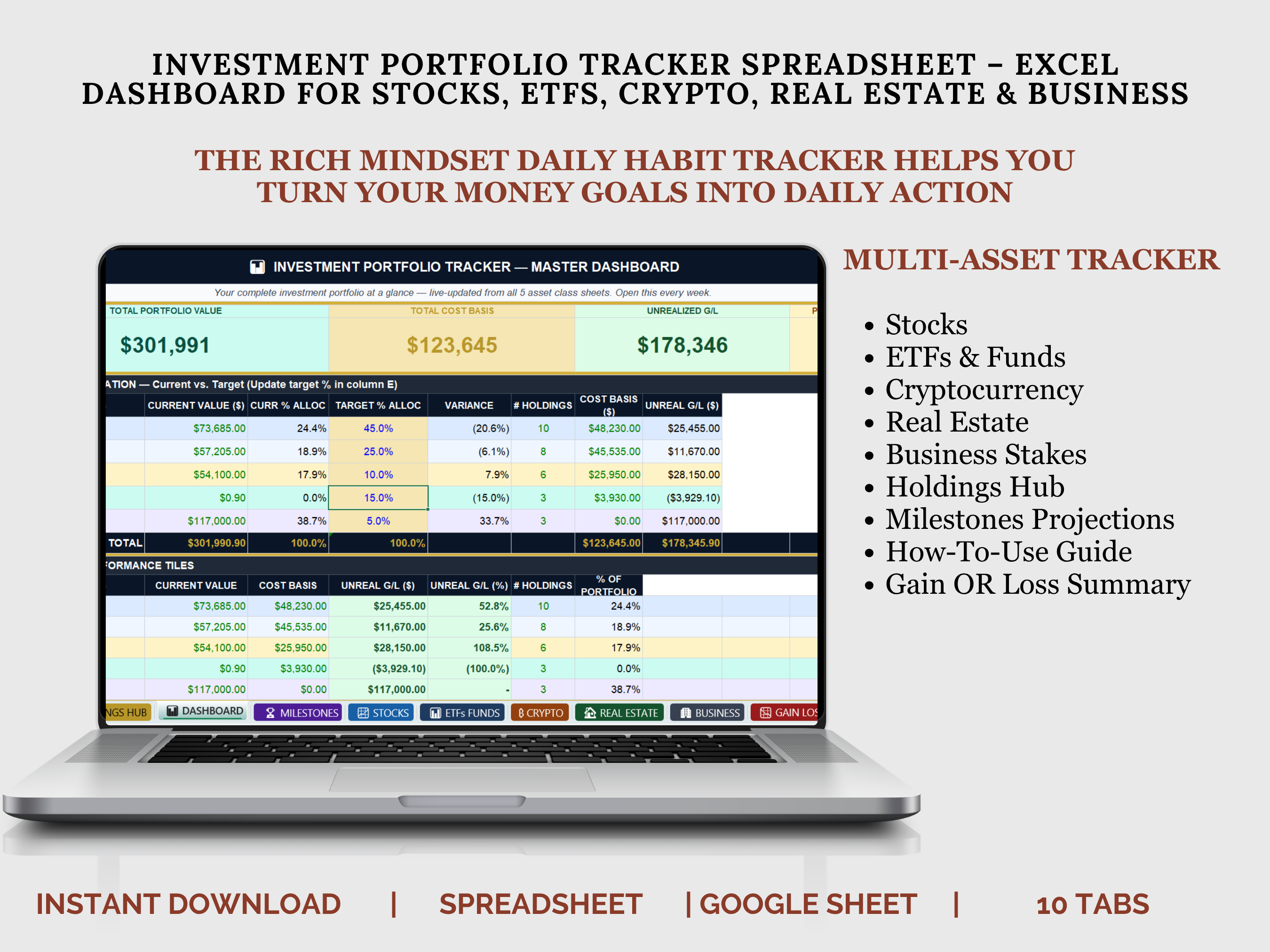 ULTIMATE INVESTMENT PORTFOLIO TRACKER SPREADSHEET | STOCKS, CRYPTO, REAL ESTATE & BUSINESS