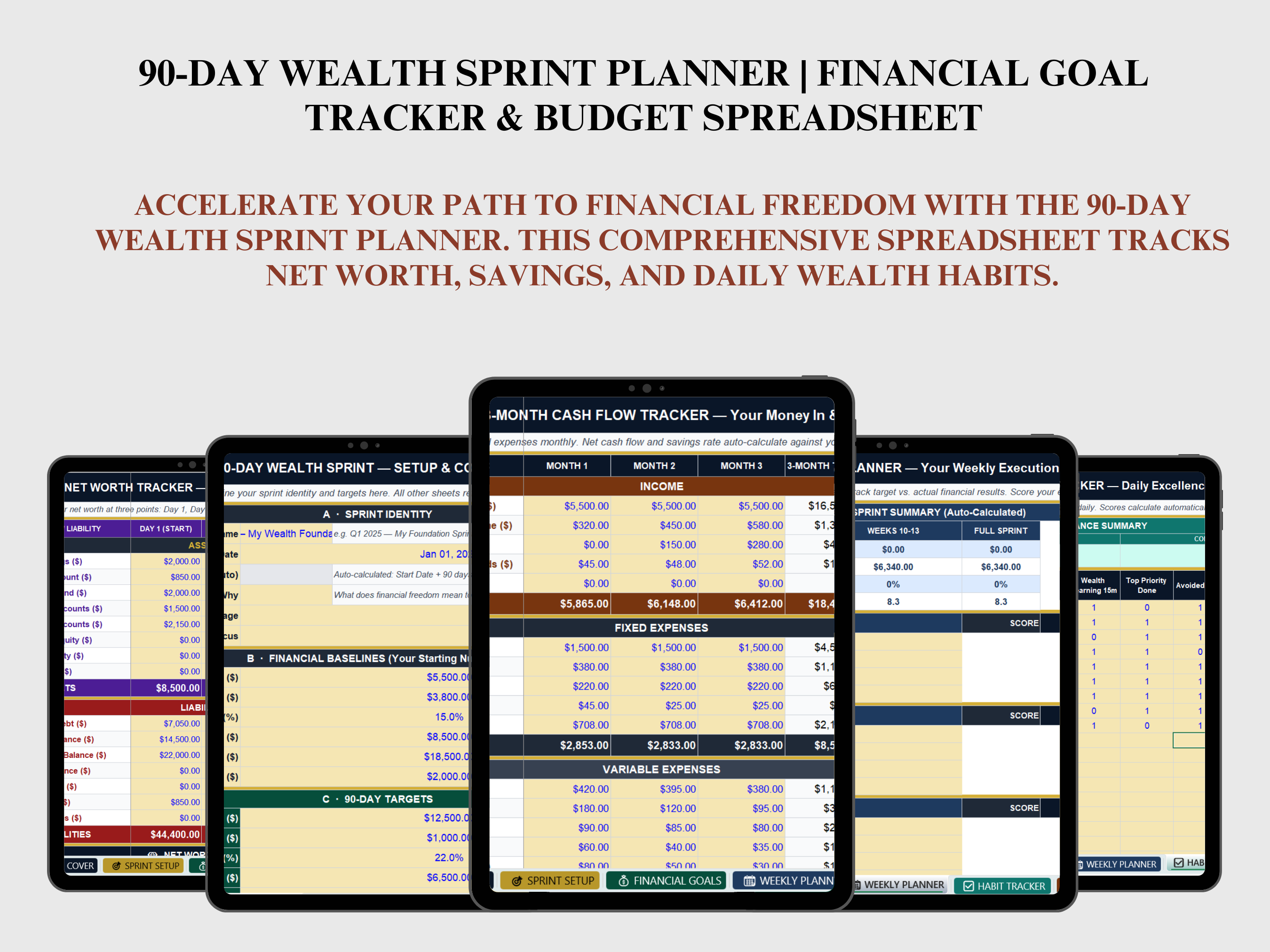 90-DAY FINANCIAL PLANNER, WEALTH-BUILDING SPREADSHEET, FINANCIAL GOAL TRACKER