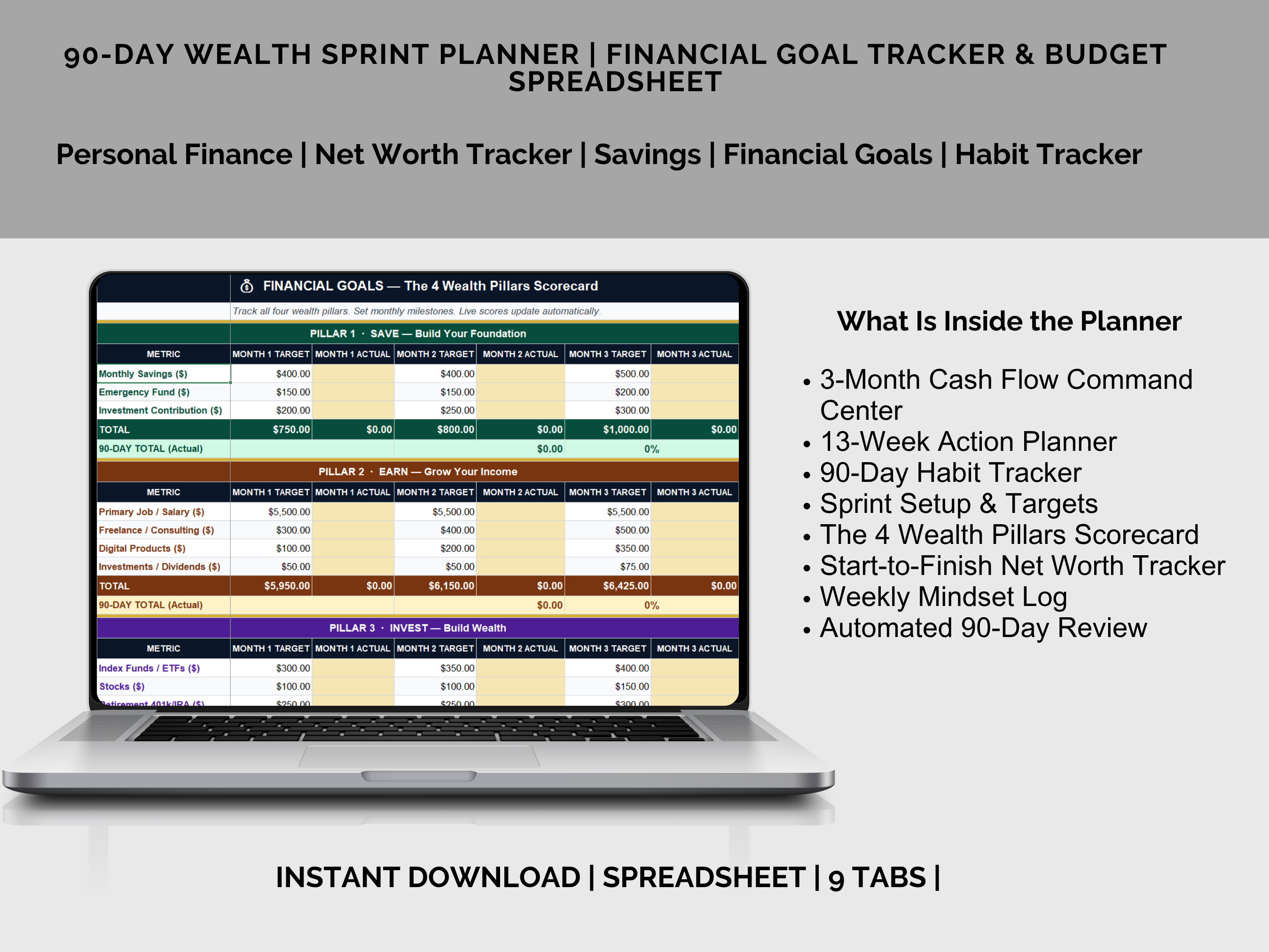 90-DAY FINANCIAL PLANNER, WEALTH-BUILDING SPREADSHEET, FINANCIAL GOAL TRACKER