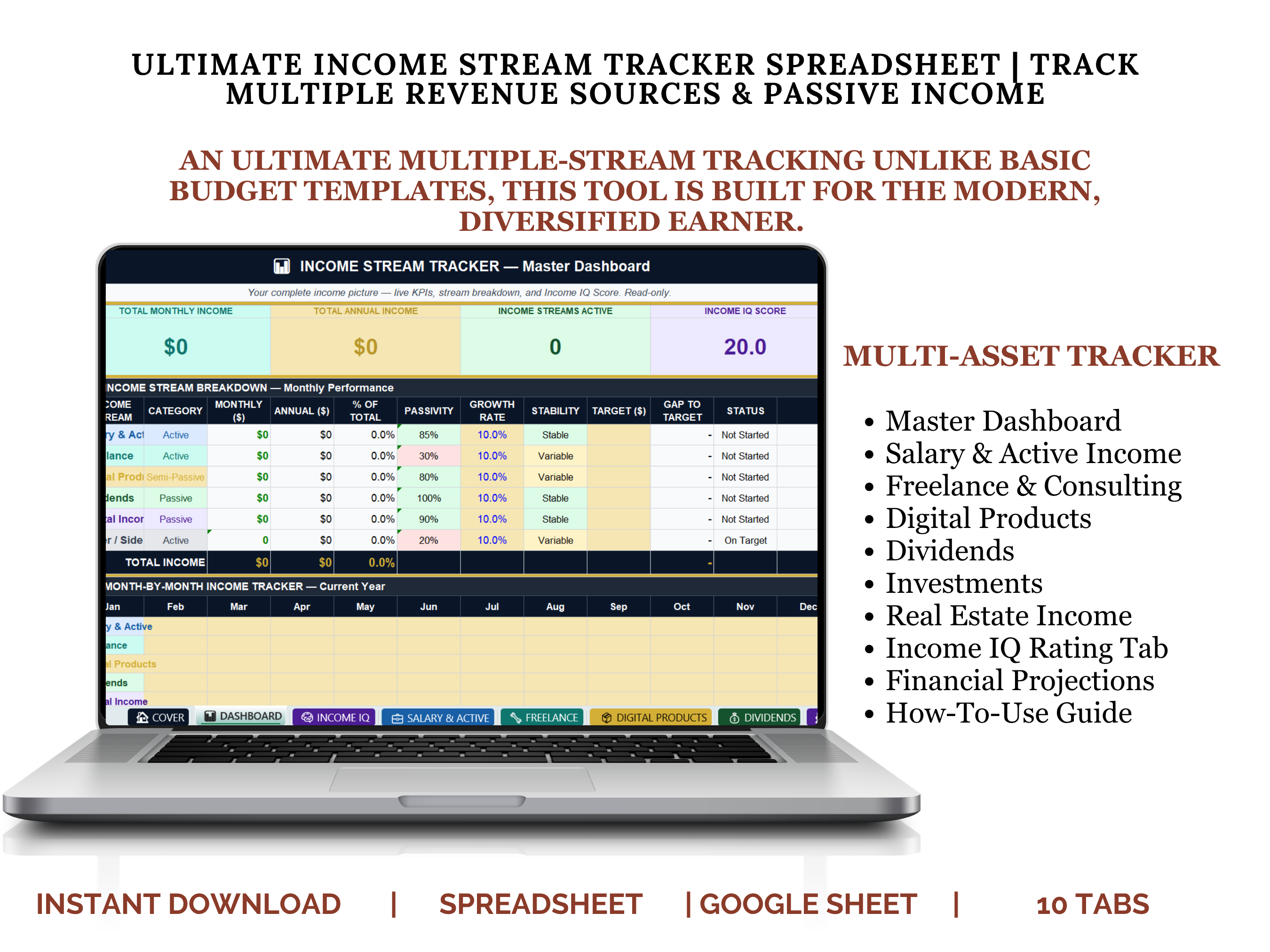 INCOME STREAM TRACKER SPREADSHEET – TRACK SALARY, FREELANCE, PASSIVE & DIGITAL INCOME IN EXCEL