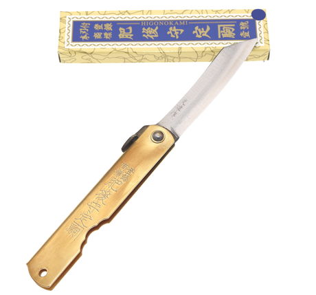 Petit Couteau Higonokami - Acier Aogami & Manche Laiton (Format Compact)