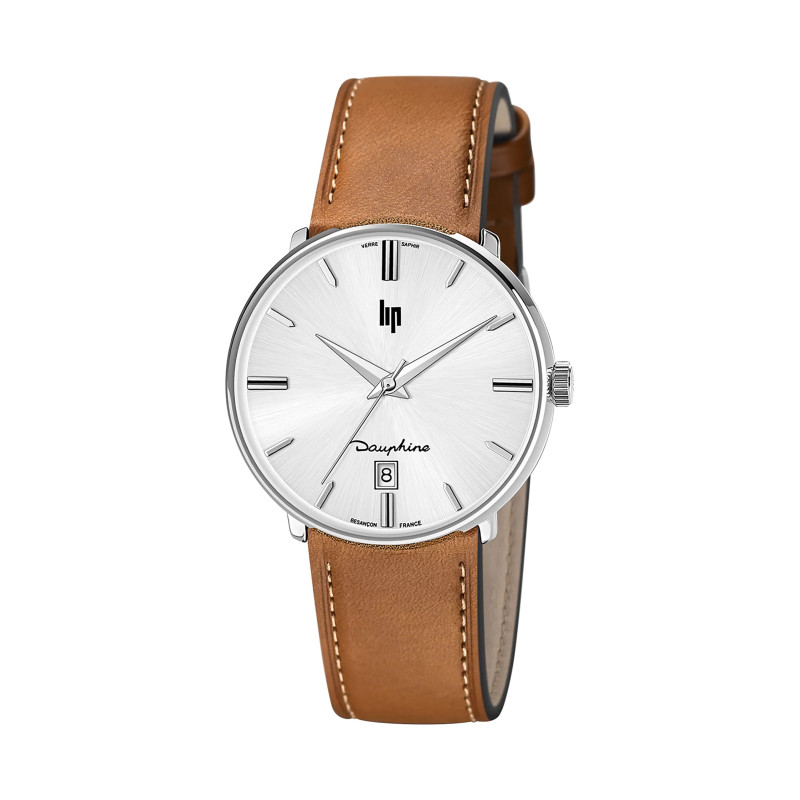 Montre LIP Dauphine 38 mm - Cadran Argenté & Bracelet Cuir Noir