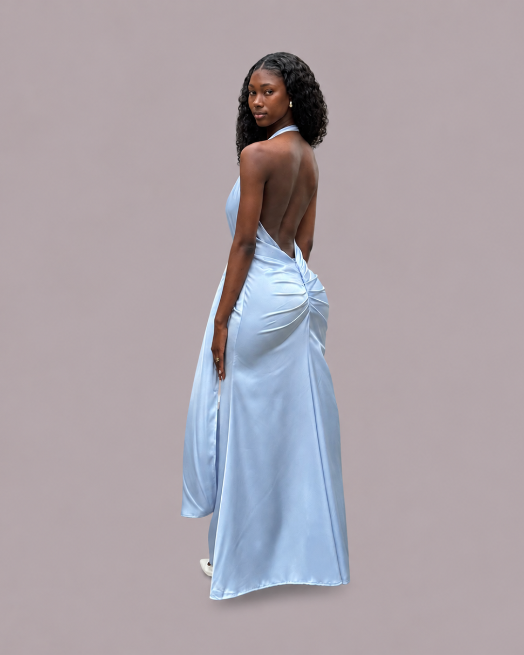 Vestido Longo de Cetim Azul Claro