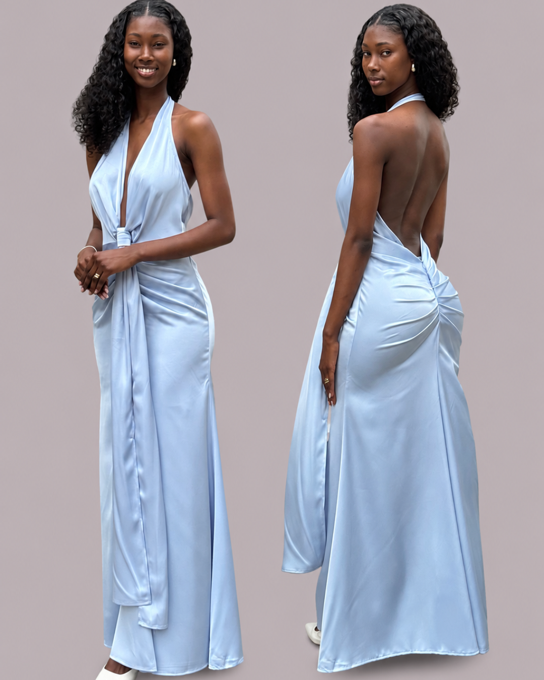 Vestido Longo de Cetim Azul Claro
