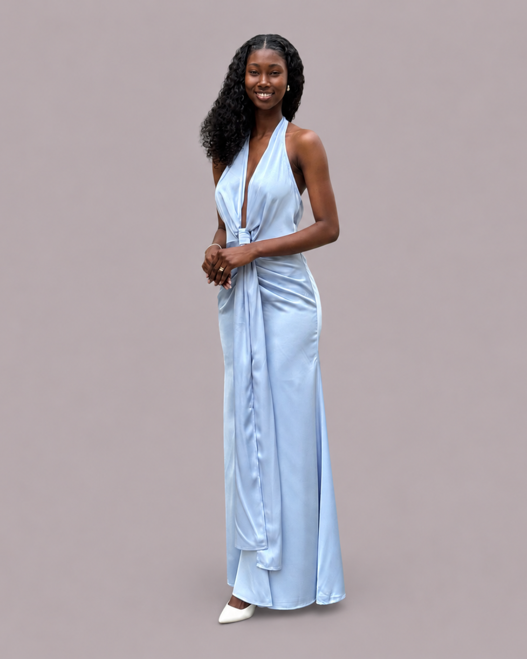 Vestido Longo de Cetim Azul Claro
