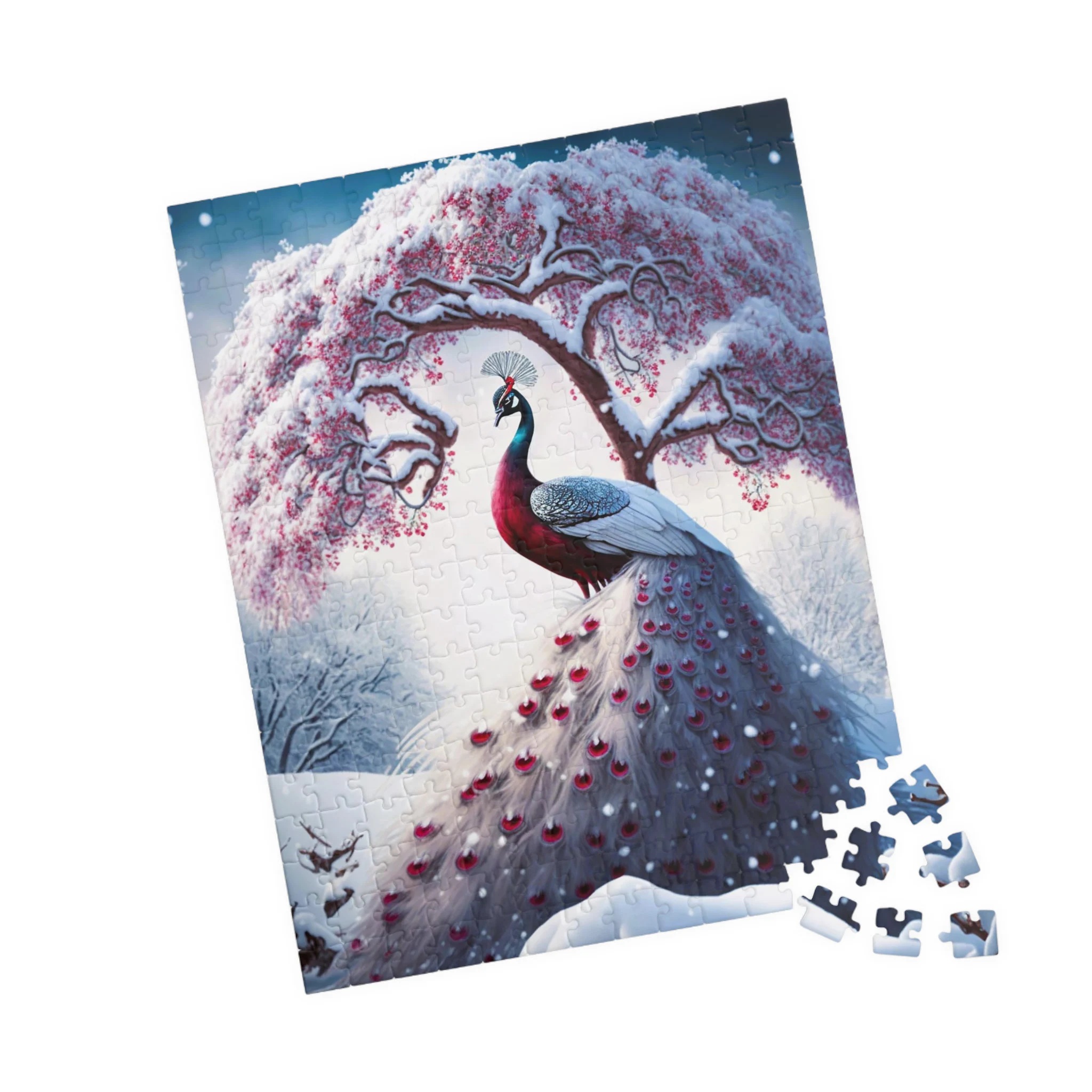 Christmas Red, White Peacock Jigsaw Puzzle