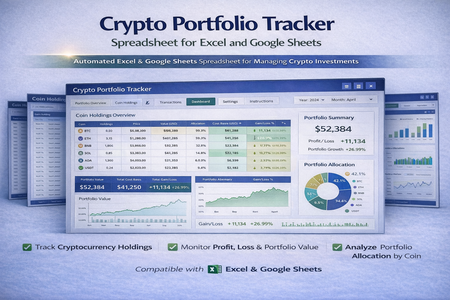 Crypto Portfolio Tracker Spreadsheet for Excel and Google Sheets