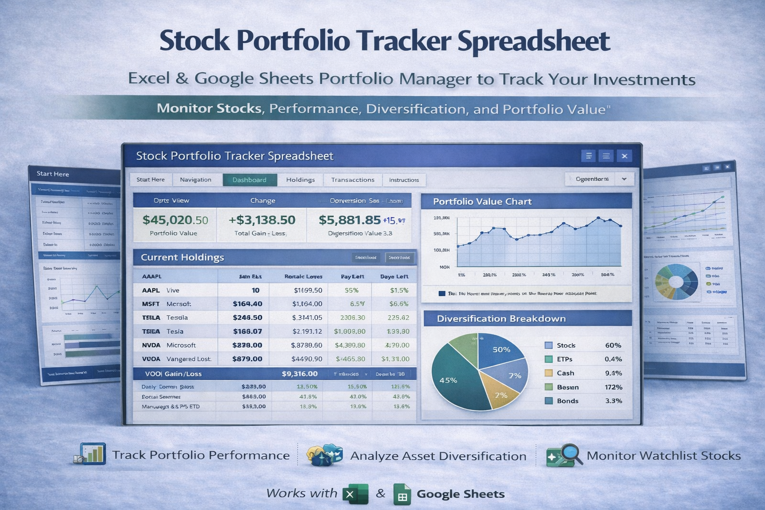Stock Portfolio Tracker Spreadsheet for Excel and Google Sheets