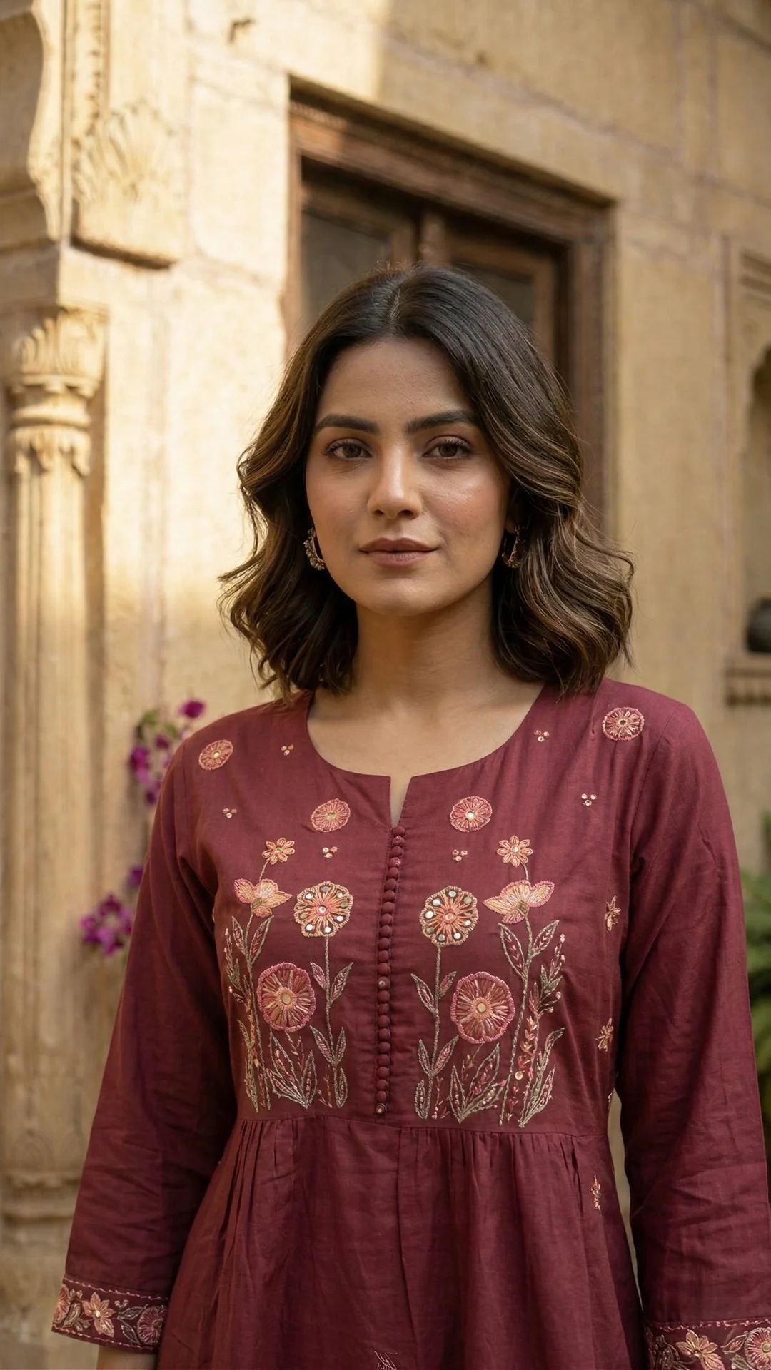 MUSHK Maroon Embroidered KURTI SET