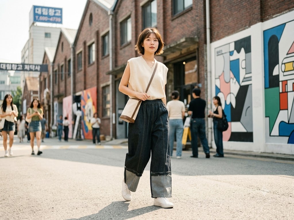 Two-Tone Wide Leg Denim Pants
